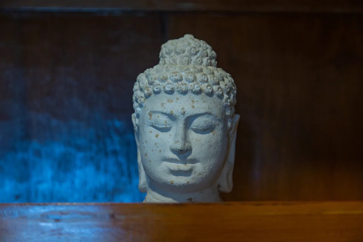A carved stone head in the shadowed corner of the house