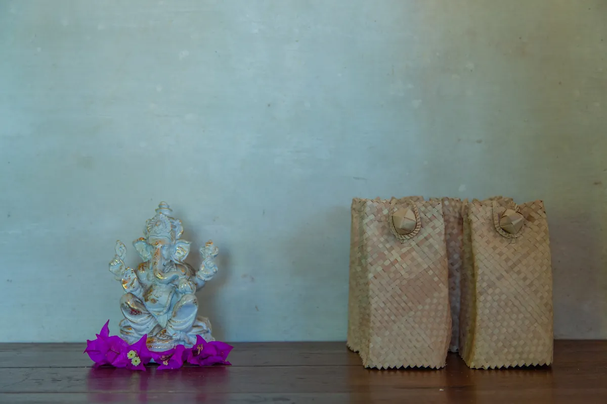 Woven baskets and bougainvillea on the floor