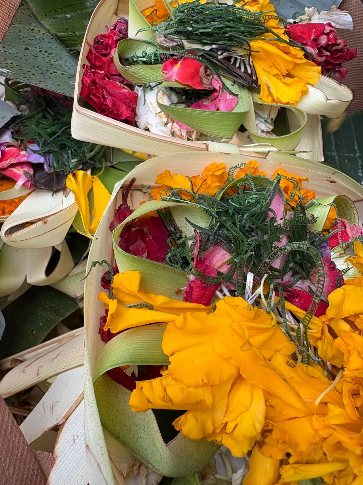 Woven palm-leaf offering trays filled with marigolds and rose petals